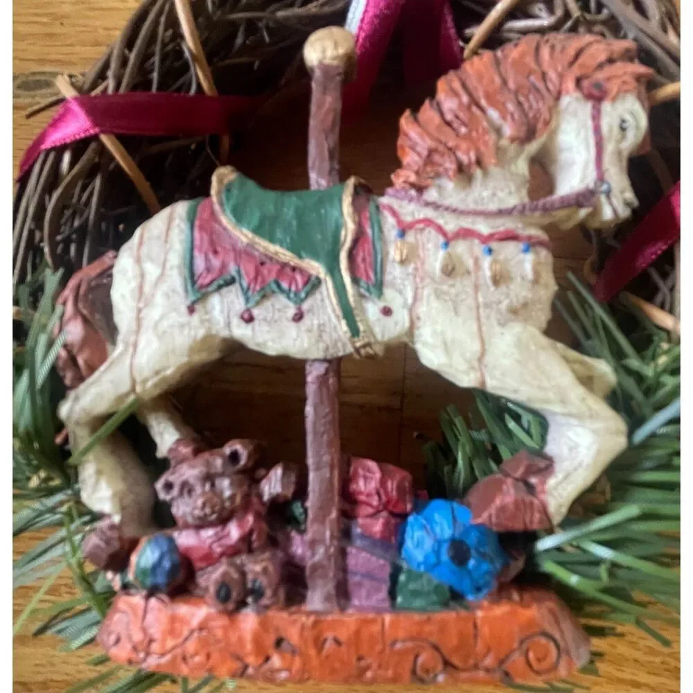 Vintage Russ Berrie Teddy Bear Carousel Horse Christmas Ornament Set Taiwan